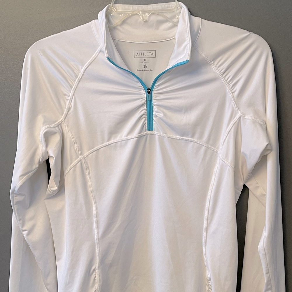 Athleta White Long Sleeve Top with Blue Accents